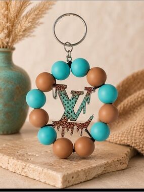 Turquoise & Tan Beaded Keyring with Monogram Charm